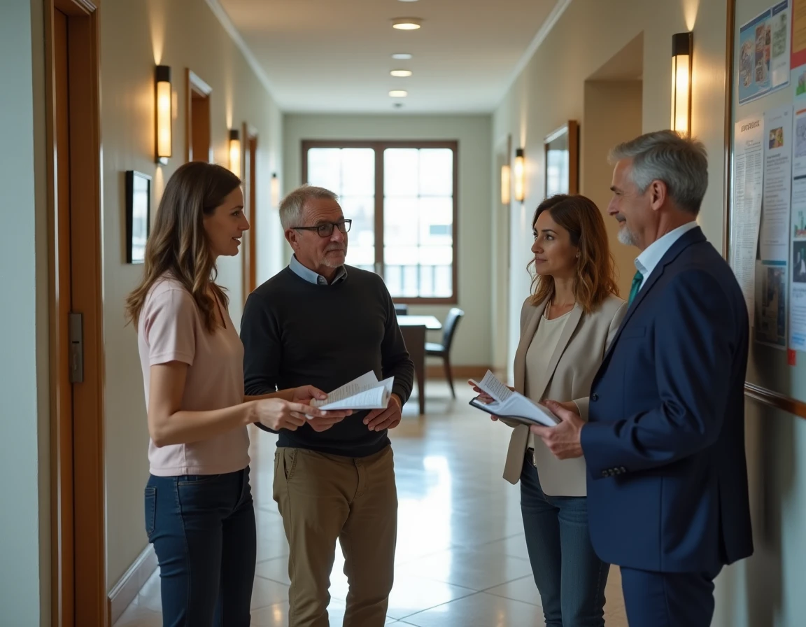 Copropriétaires réunis dans un couloir discutant avant une assemblée générale de copropriété