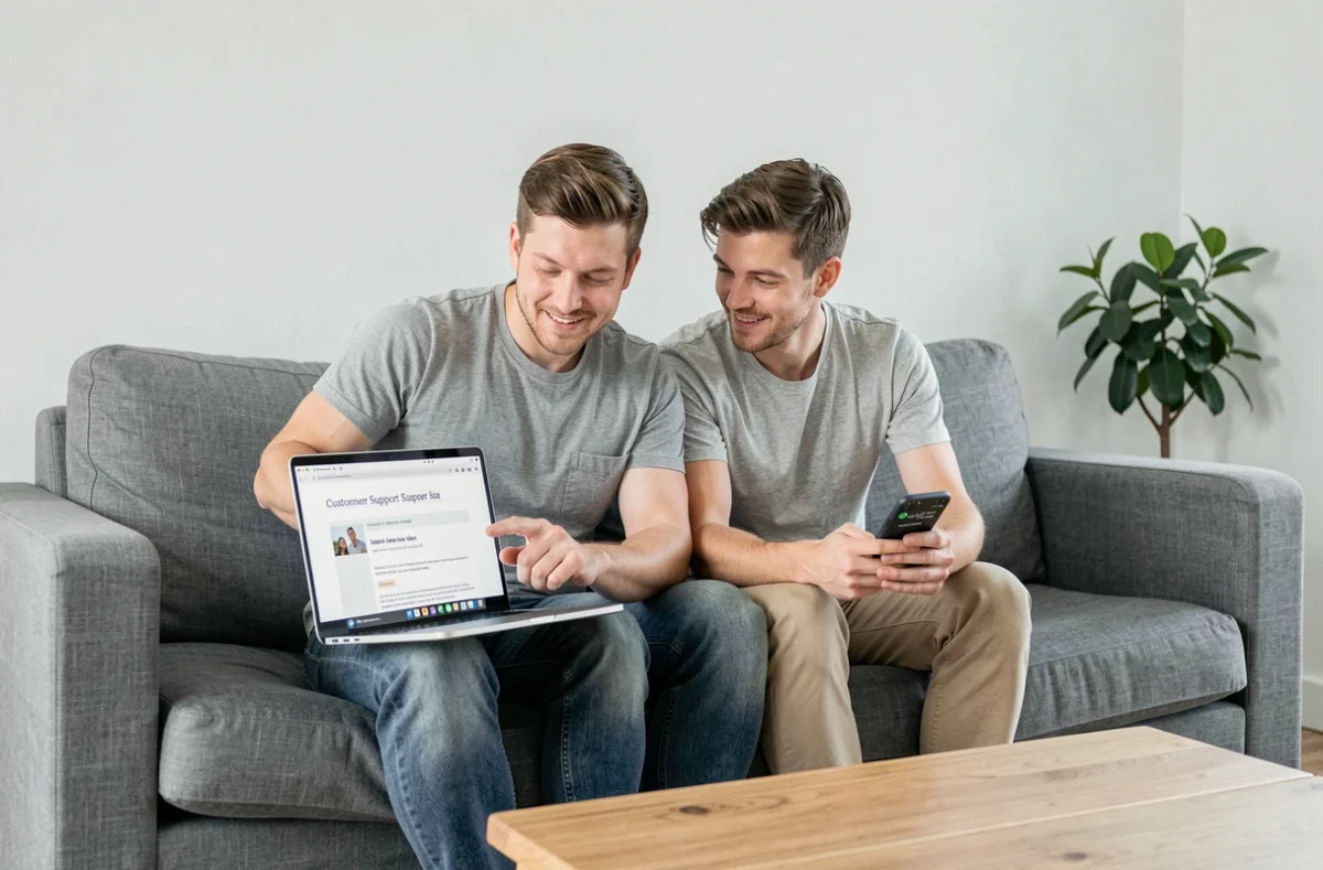 Couple cherchant une solution de contact alternative pour le service client Backmarket sur ordinateur et téléphone