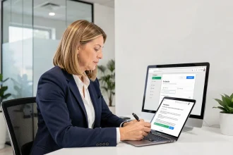 Courtière en assurance consultant l'extranet AXA sur son ordinateur portable dans un bureau professionnel moderne