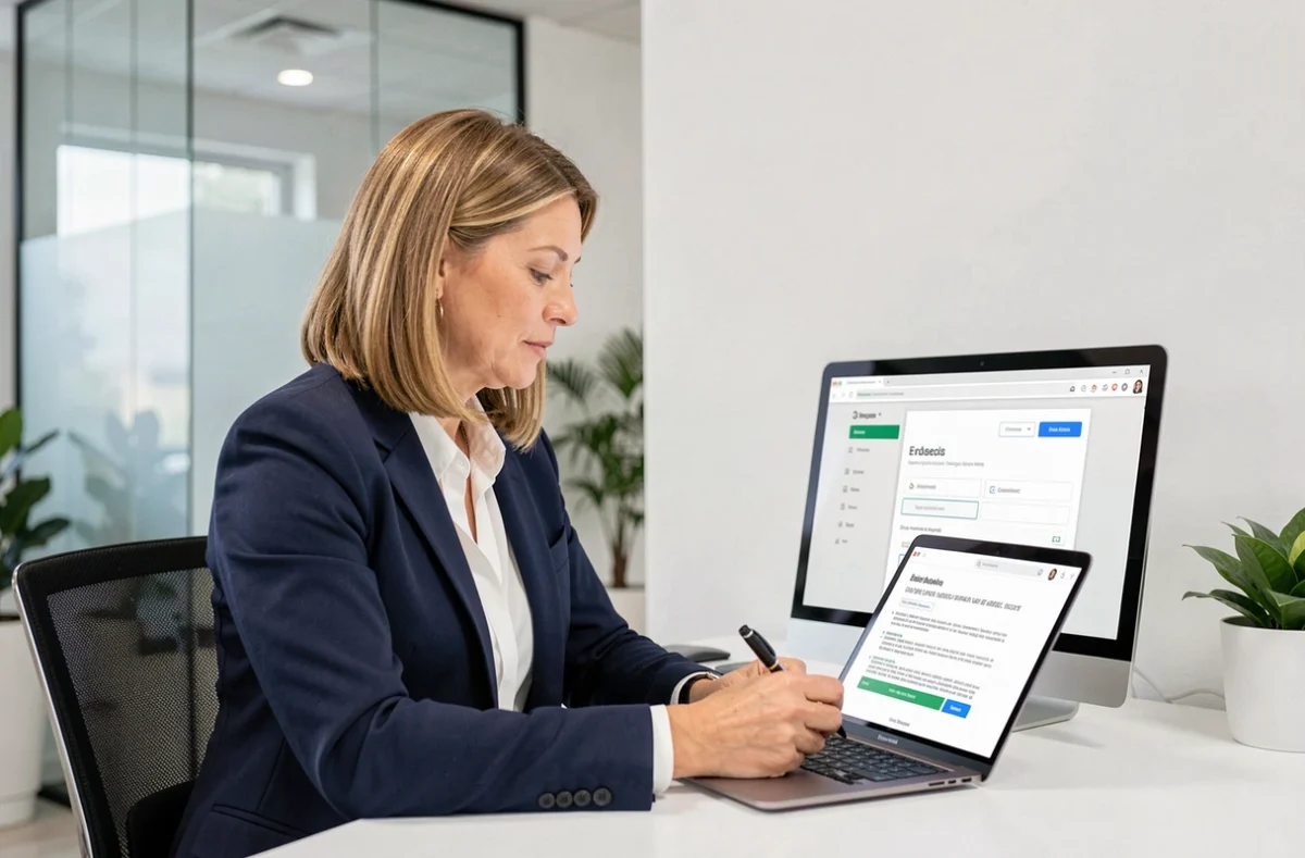 Courtière en assurance consultant l'extranet AXA sur son ordinateur portable dans un bureau professionnel moderne