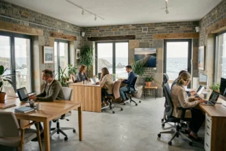 Vue panoramique d'un espace de coworking en Bretagne avec vue sur l'océan Atlantique et meubles en bois contemporains