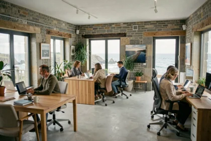 Vue panoramique d'un espace de coworking en Bretagne avec vue sur l'océan Atlantique et meubles en bois contemporains