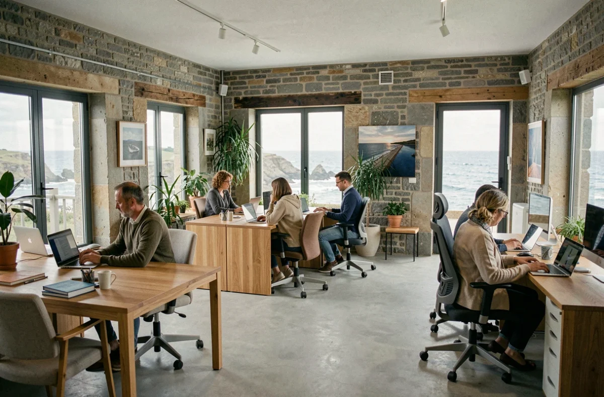 Vue panoramique d'un espace de coworking en Bretagne avec vue sur l'océan Atlantique et meubles en bois contemporains