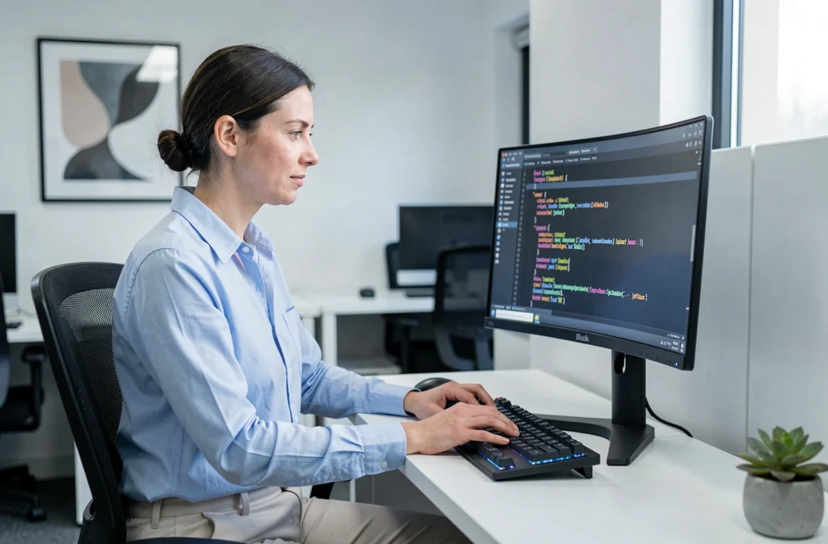Développeuse web de l'agence CSLH travaillant sur du code HTML et CSS sur un grand écran incurvé dans un bureau minimaliste