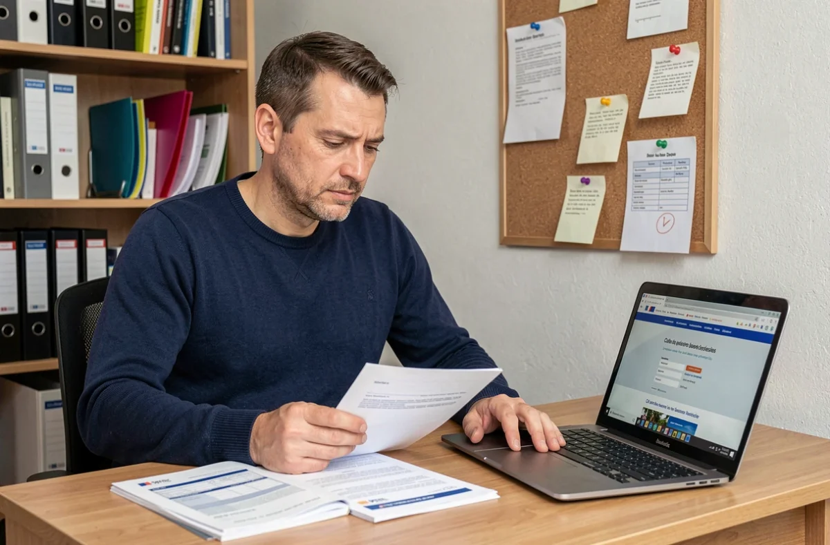Homme à domicile consultant des documents administratifs CAF et un ordinateur portable pour déclarer une activité d'emballage à domicile