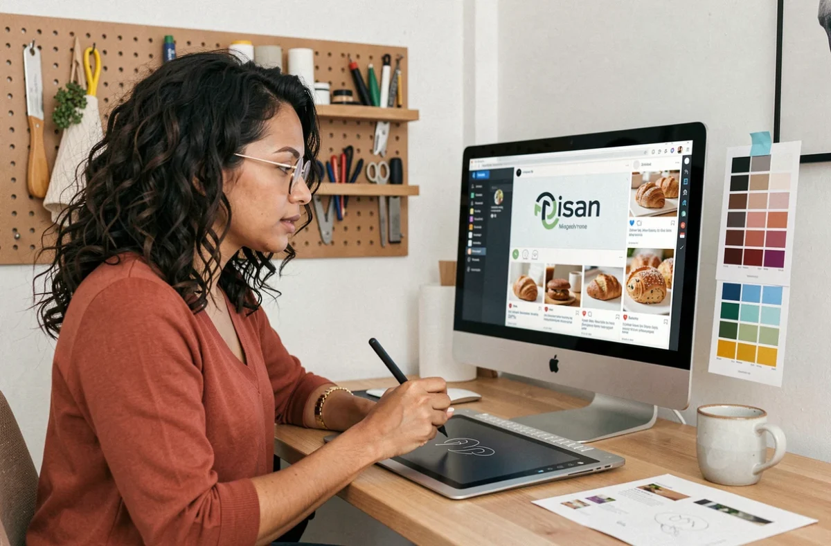 Designer graphique travaillant sur l'identité visuelle d'un commerce local devant son écran
