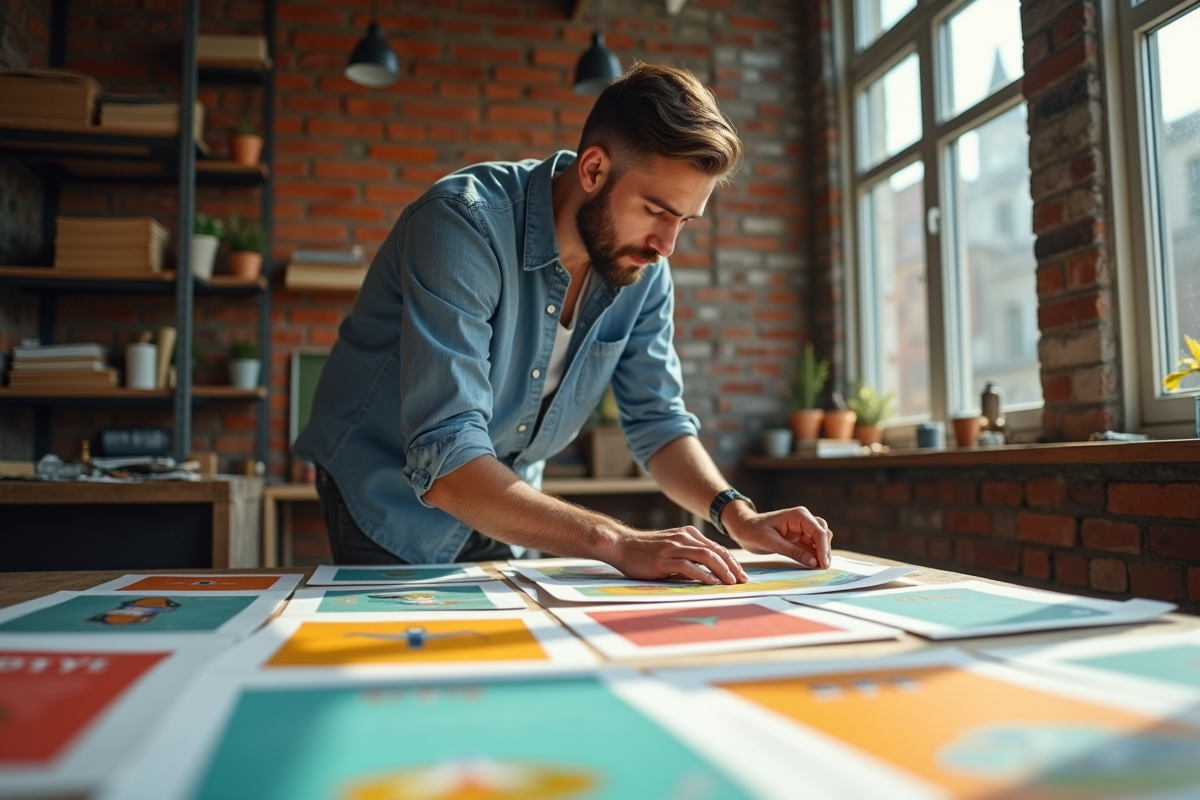 Designer créatif arrangeant des affiches colorées dans un studio lumineux