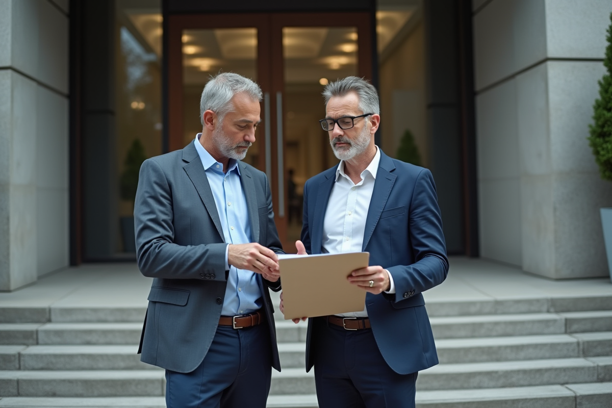 Deux hommes discutant devant un bâtiment moderne