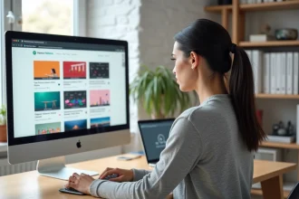 Développeuse web parcourant des thèmes WordPress sur Elements Envato depuis son bureau à domicile