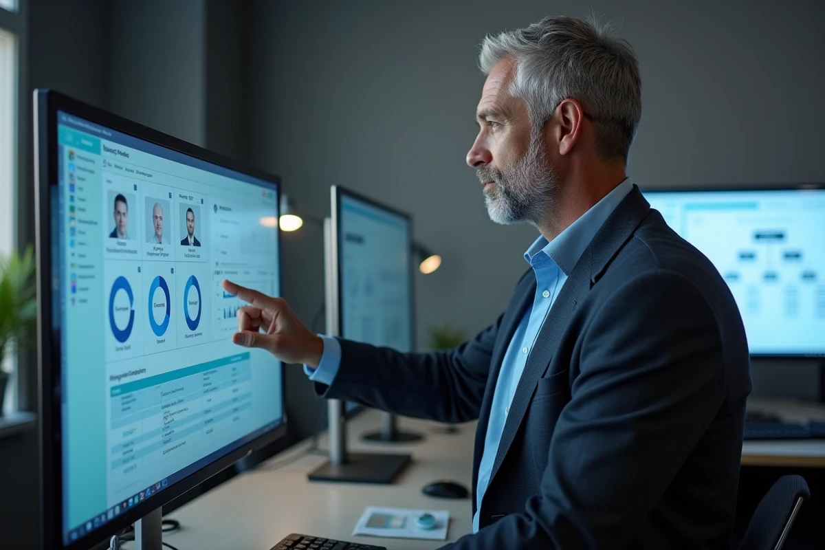 Directeur des ressources humaines utilisant un logiciel SIRH sur écran tactile dans un bureau d'entreprise