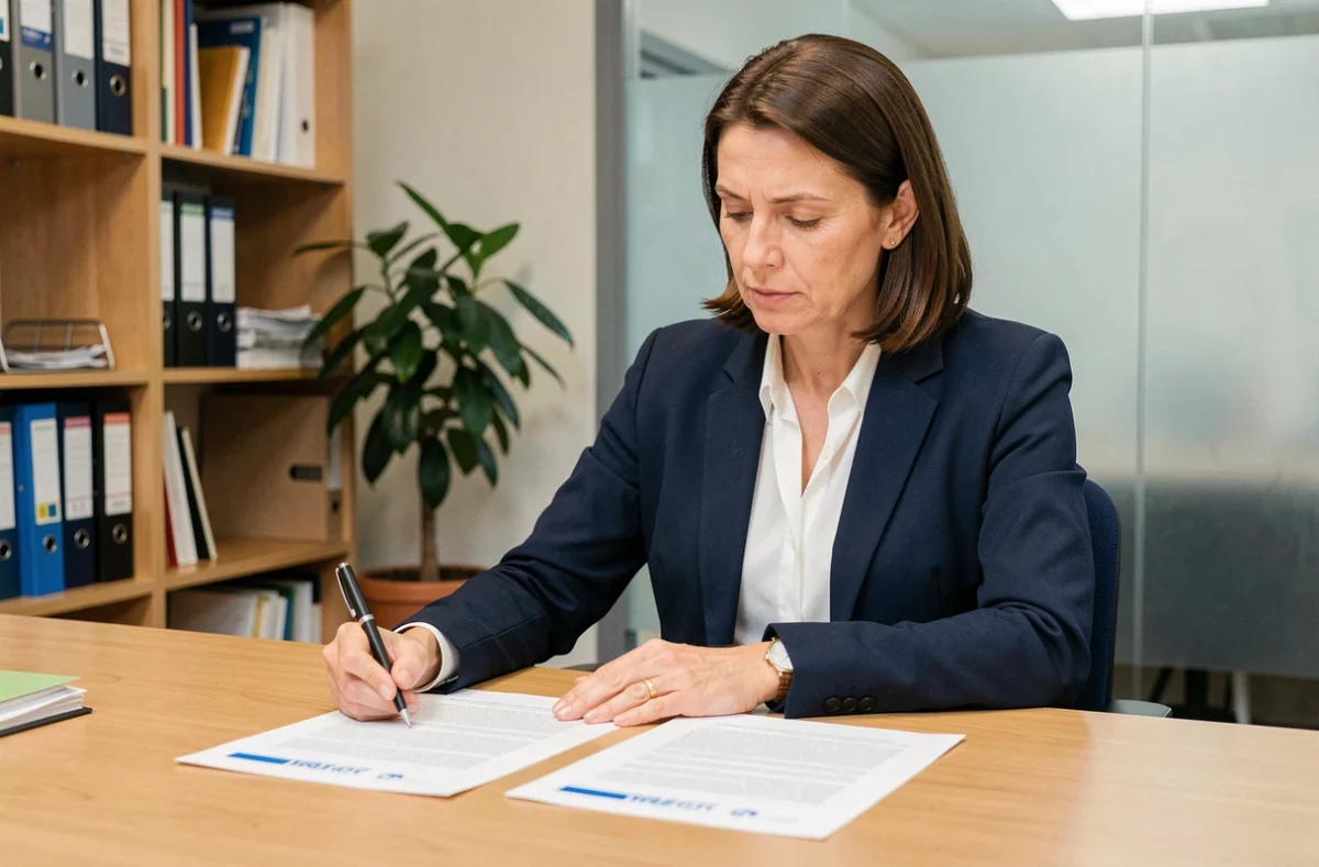Dirigeante de PME comparant deux propositions digitales sur son bureau, hésitant entre une agence web et un freelance