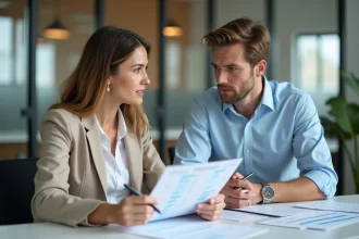 Femme et jeune homme discutant de salaires au bureau