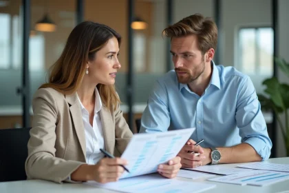 Femme et jeune homme discutant de salaires au bureau