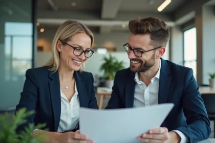 DRH en blazer marine discutant avec un collègue dans un bureau moderne, illustrant la relation humaine au cœur des ressources humaines