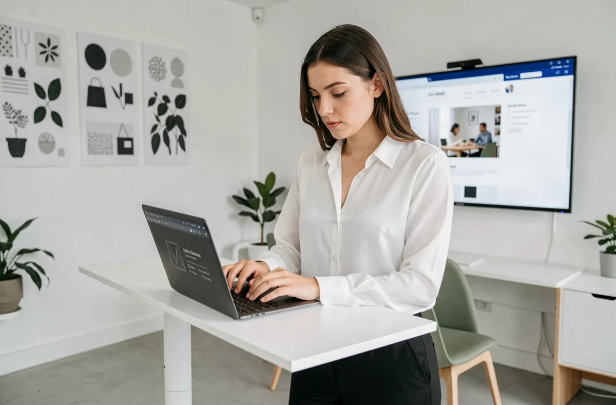 Professionnelle d'Ekela Communication consultant une proposition de branding digital sur un ordinateur portable dans un studio épuré et moderne