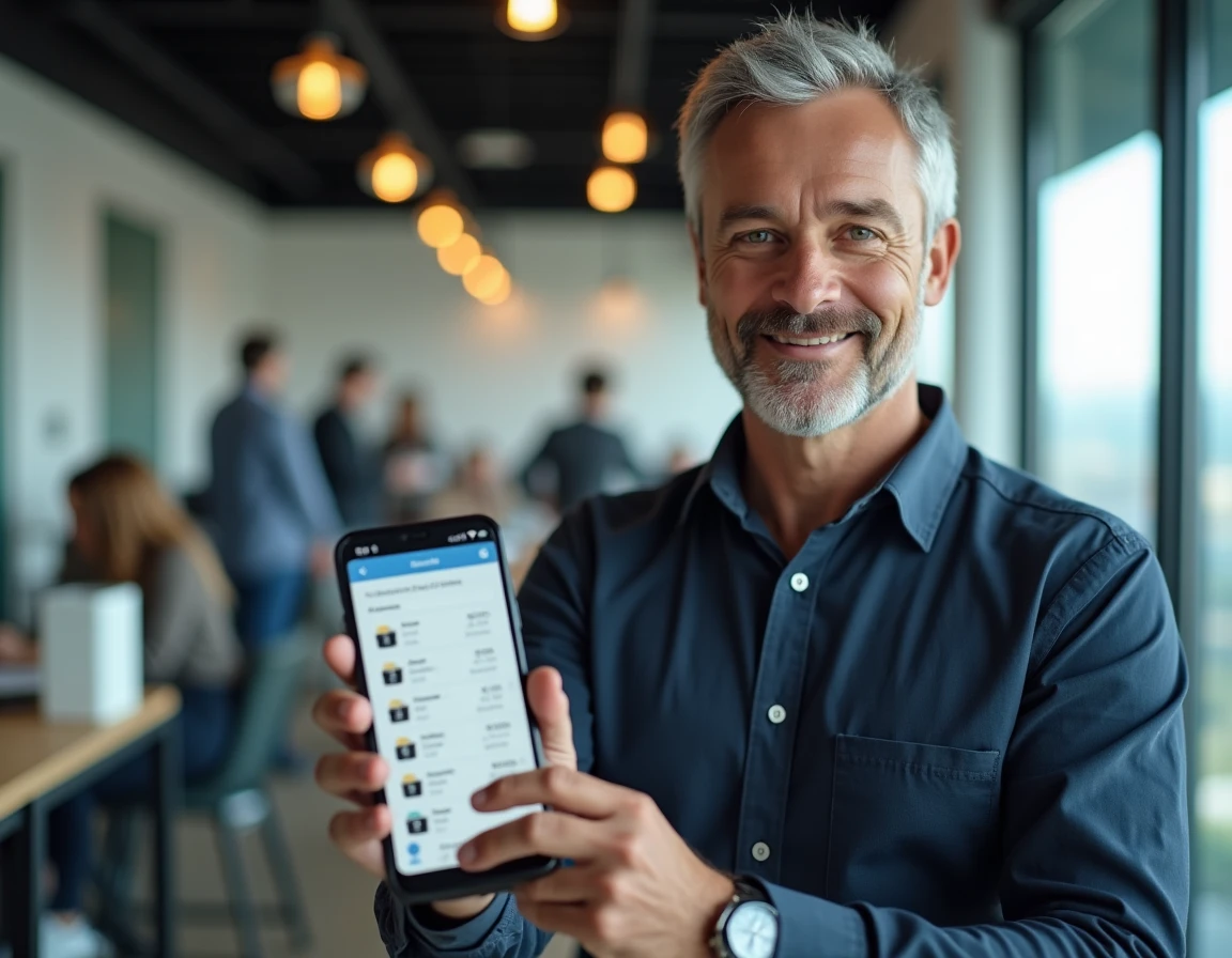 Employé accédant à ses fiches de paie dématérialisées via une application mobile au bureau
