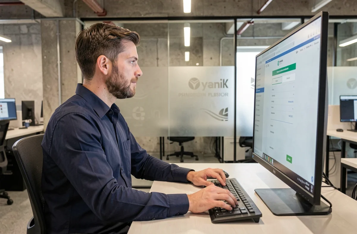 Employé en espace de coworking accédant à son portail RH pour consulter ses bulletins de paie à distance