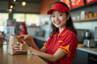 Jeune employée en uniforme de fast-food servant un client au comptoir, illustrant le travail étudiant chez McDonald's