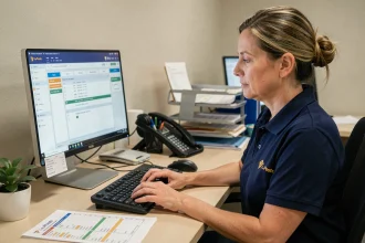 Employée de La Poste saisissant ses horaires sur un logiciel de gestion du temps au bureau