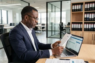 Homme d'affaires consultant des documents officiels sur societe.com dans un bureau moderne