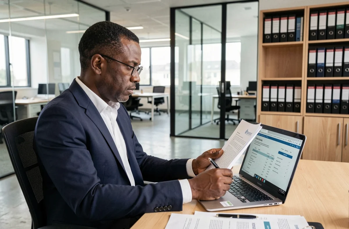 Homme d'affaires consultant des documents officiels sur societe.com dans un bureau moderne