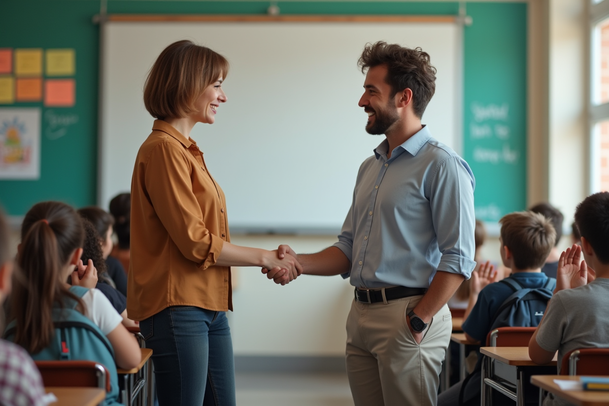 Enseignante saluant un élève dans une classe