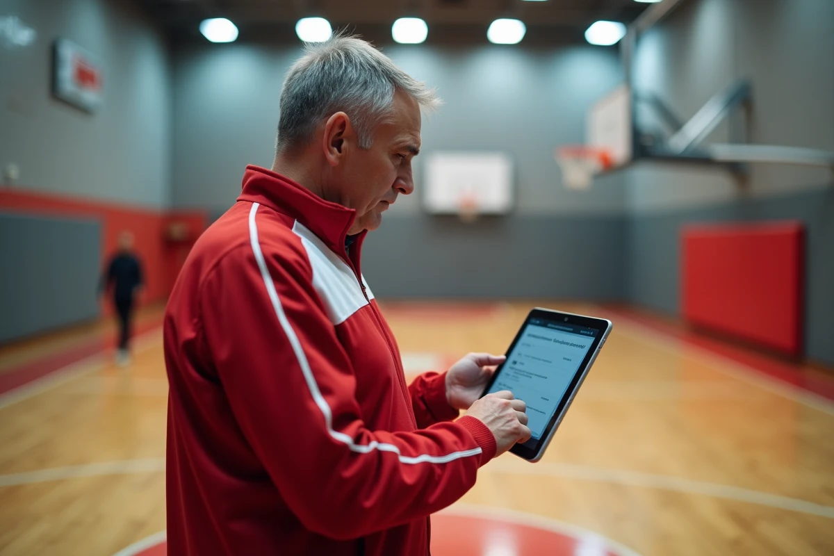 Entraîneur de basketball consultant l'extranet FBI V2 FFBB sur tablette dans un gymnase