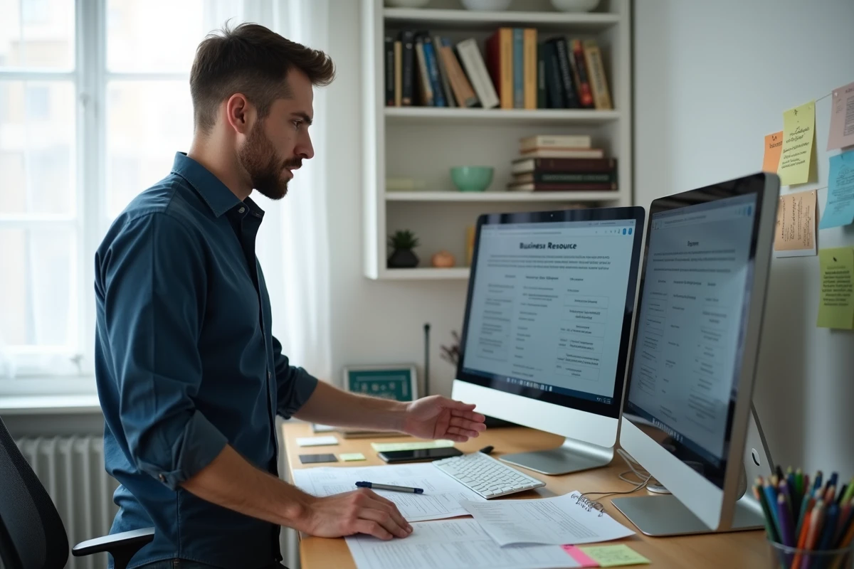 Entrepreneur masculin debout à son bureau à domicile consultant des ressources en ligne pour éviter les erreurs lors de la création d'entreprise