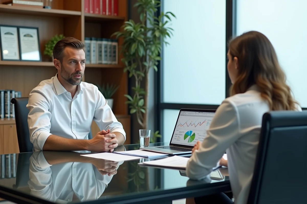Entrepreneur en réunion avec un conseiller financier pour optimiser un dossier d'aides entrepreneuriales