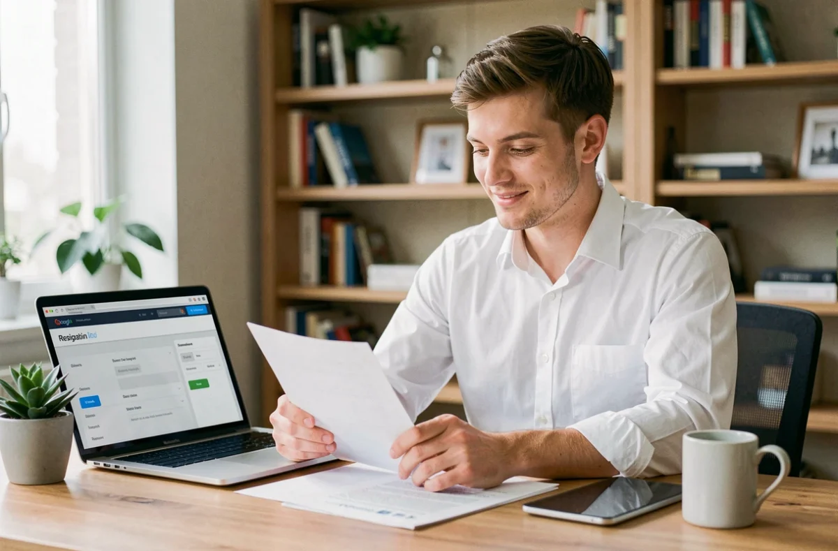 Entrepreneur lançant son activité de service à la personne en remplissant des documents administratifs sur ordinateur