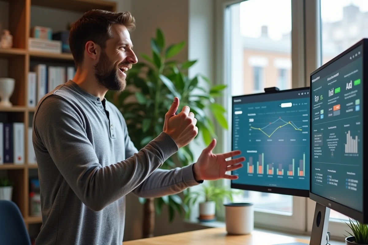 Entrepreneur masculin présentant une plateforme de gestion d'activité sur un grand écran dans un bureau à domicile moderne