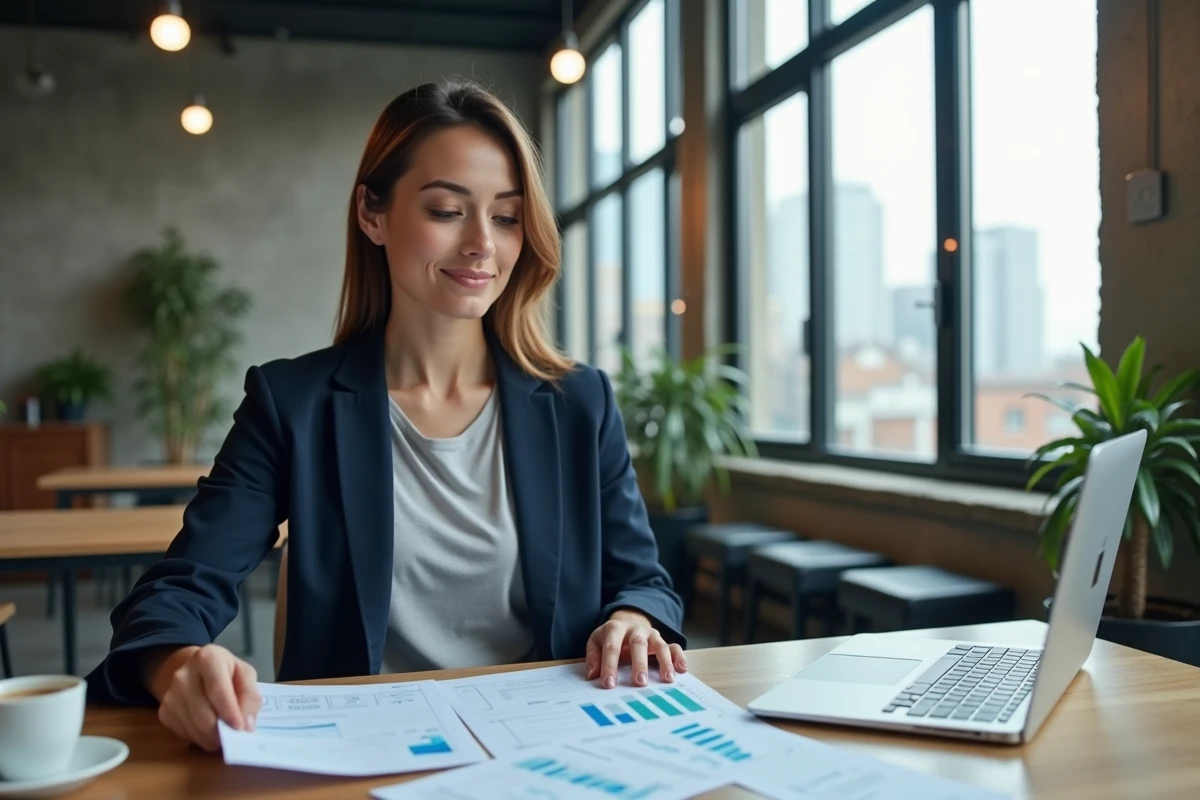 Entrepreneuse analysant un plan de financement sur des documents imprimés dans un espace de coworking moderne