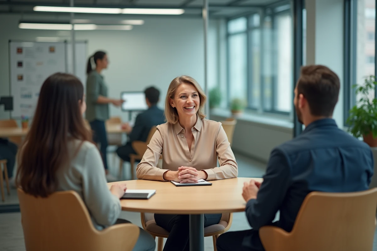 Directrice des ressources humaines en entretien empathique avec deux collaborateurs autour d'une table de réunion dans un espace de travail moderne