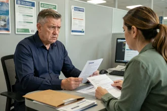 Un homme inquiet face à un conseiller Pôle emploi examine des documents officiels lors d'un entretien de radiation