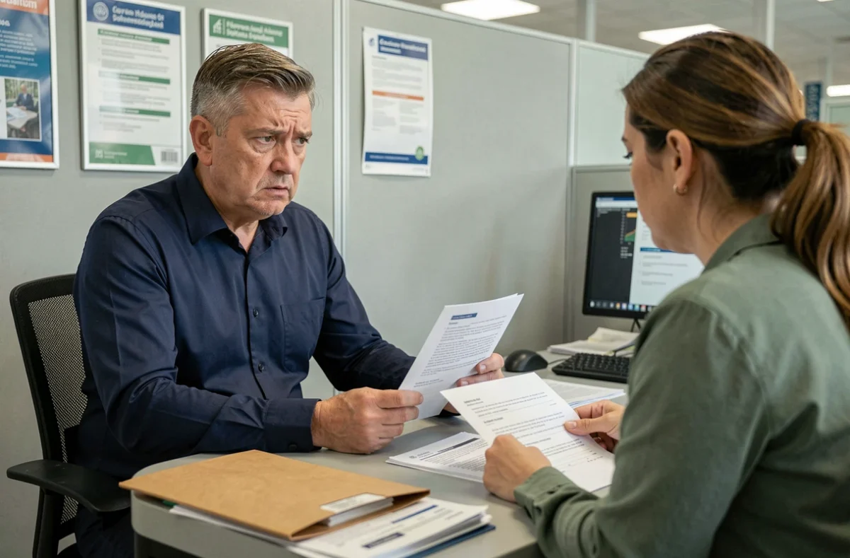 Un homme inquiet face à un conseiller Pôle emploi examine des documents officiels lors d'un entretien de radiation