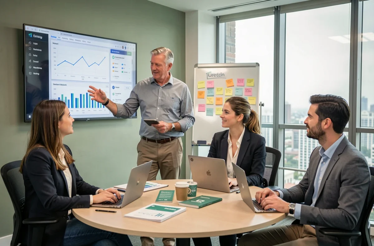 Équipe d'une agence digitale présentant des résultats marketing à un client PME lors d'une réunion professionnelle