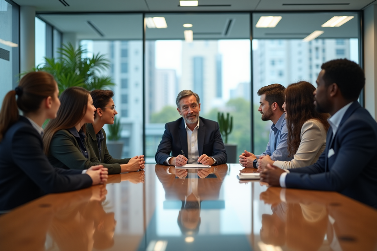 Groupe d'employes en reunion dans un bureau moderne