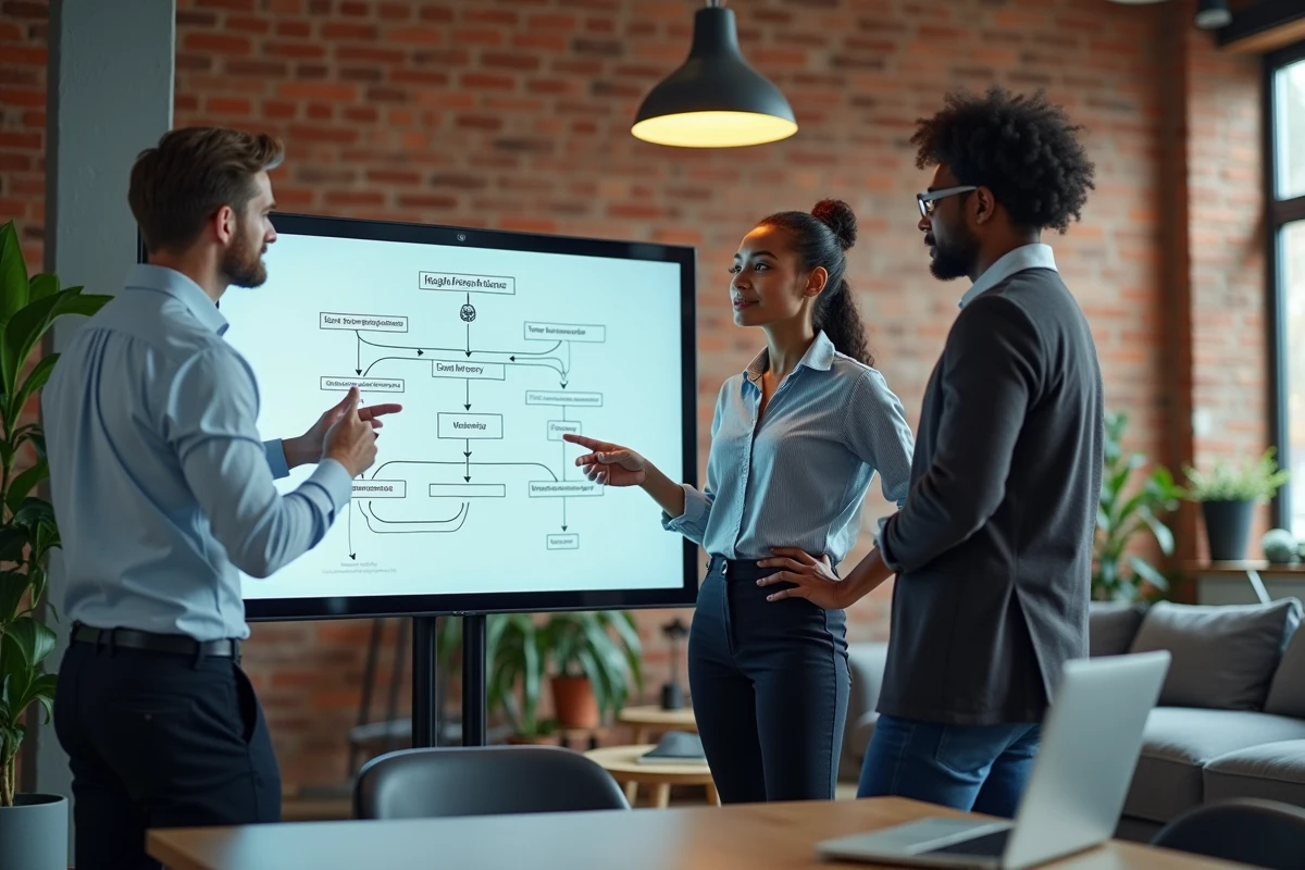 Equipe diverse en discussion autour d un tableau blanc numérique