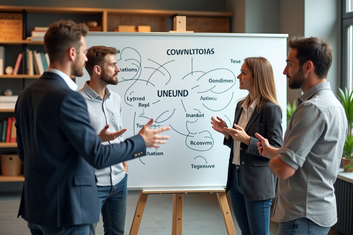 Groupe de trois personnes en discussion dans un espace de travail