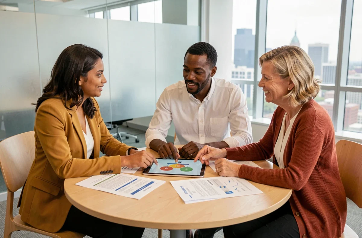 Équipe marketing multiculturelle collaborant autour d'un tableau de stratégie digitale 10P lors d'une réunion en entreprise
