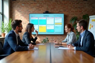 Équipe professionnelle consultant un planning partagé sur écran en salle de réunion moderne