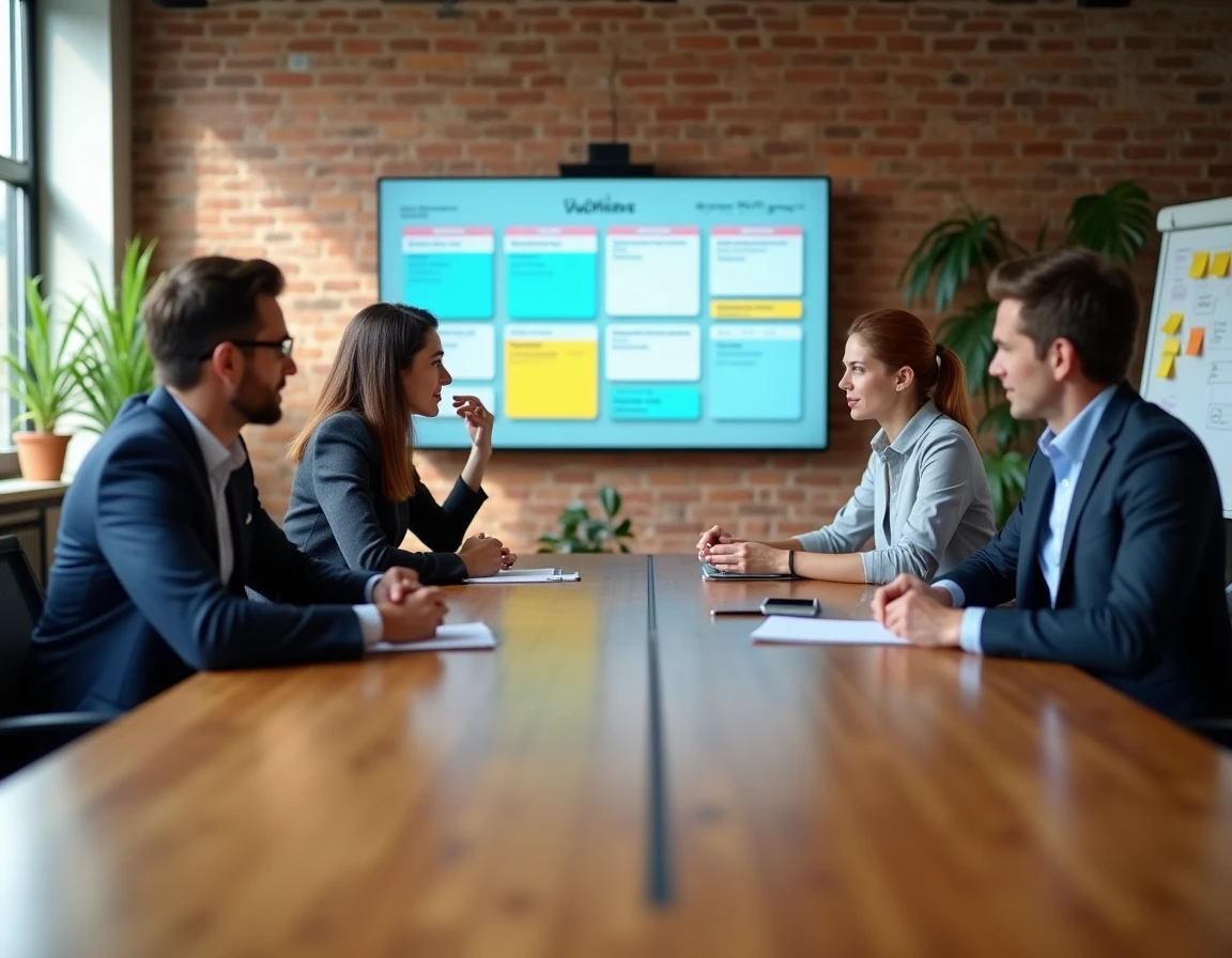 Équipe professionnelle consultant un planning partagé sur écran en salle de réunion moderne