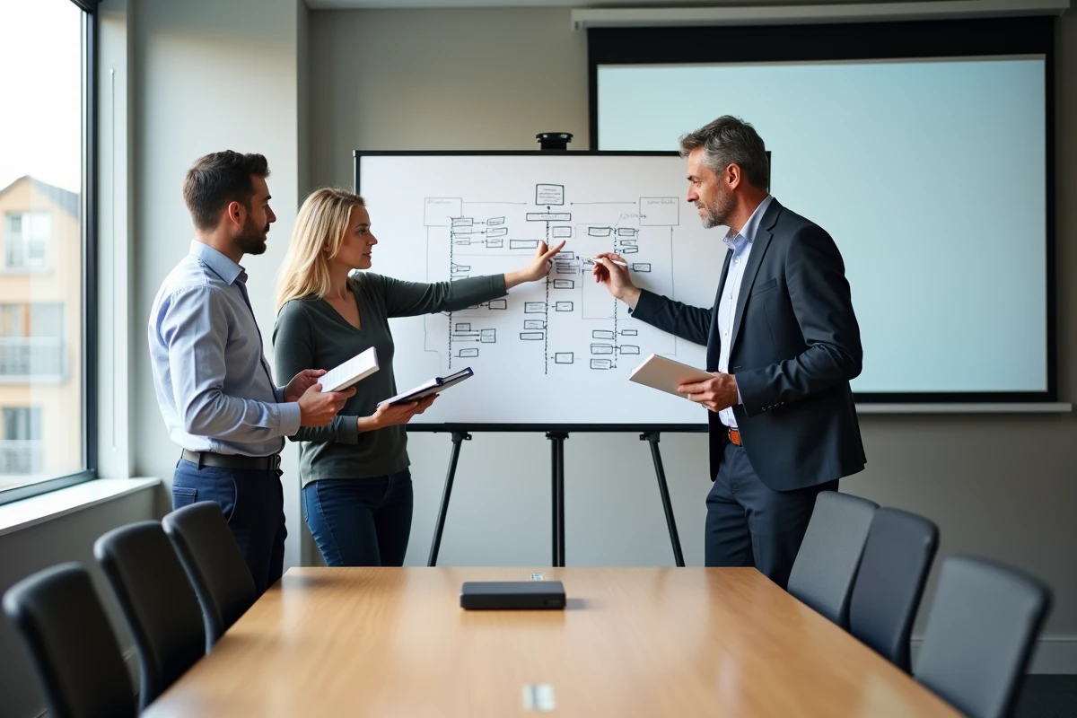 Équipe de direction PME analysant un schéma d'externalisation de la DSI en salle de réunion