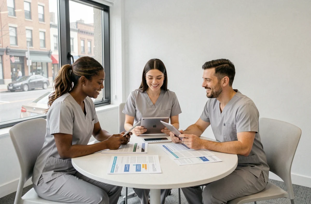 Équipe de professionnels du service à la personne en formation collaborative dans une salle moderne