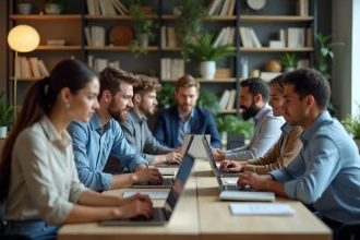 Groupe de professionnels en visioconference dans un bureau moderne