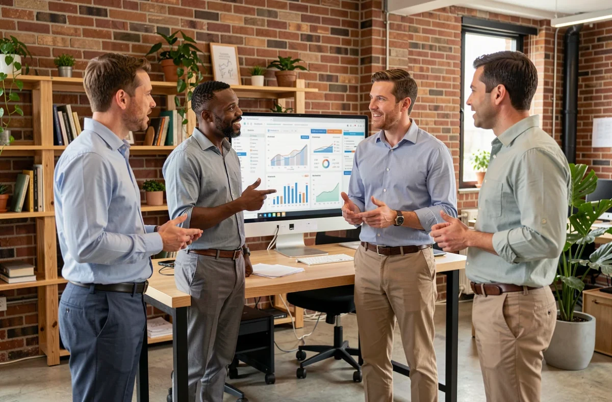Équipe de professionnels discutant des résultats et avis sur un outil de gestion business type Scalora