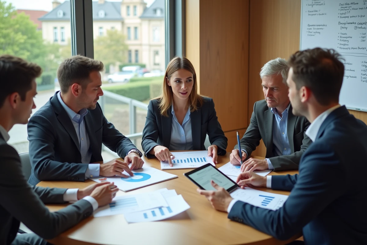 Équipe de professionnels discutant d'une stratégie basée sur des indicateurs économiques territoriaux en salle de réunion