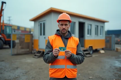 Responsable de chantier tenant une carte de fidélité Loxam avec une expression perplexe devant un bureau de chantier temporaire