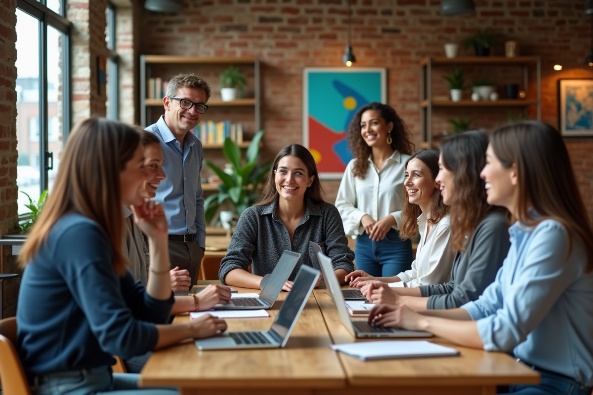 Employes en discussion dans un espace de travail artistique