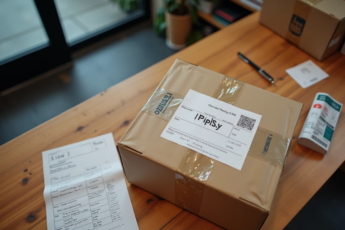 Étiquette UPS sur un colis avec horaires et reçu sur le comptoir d'un point relais